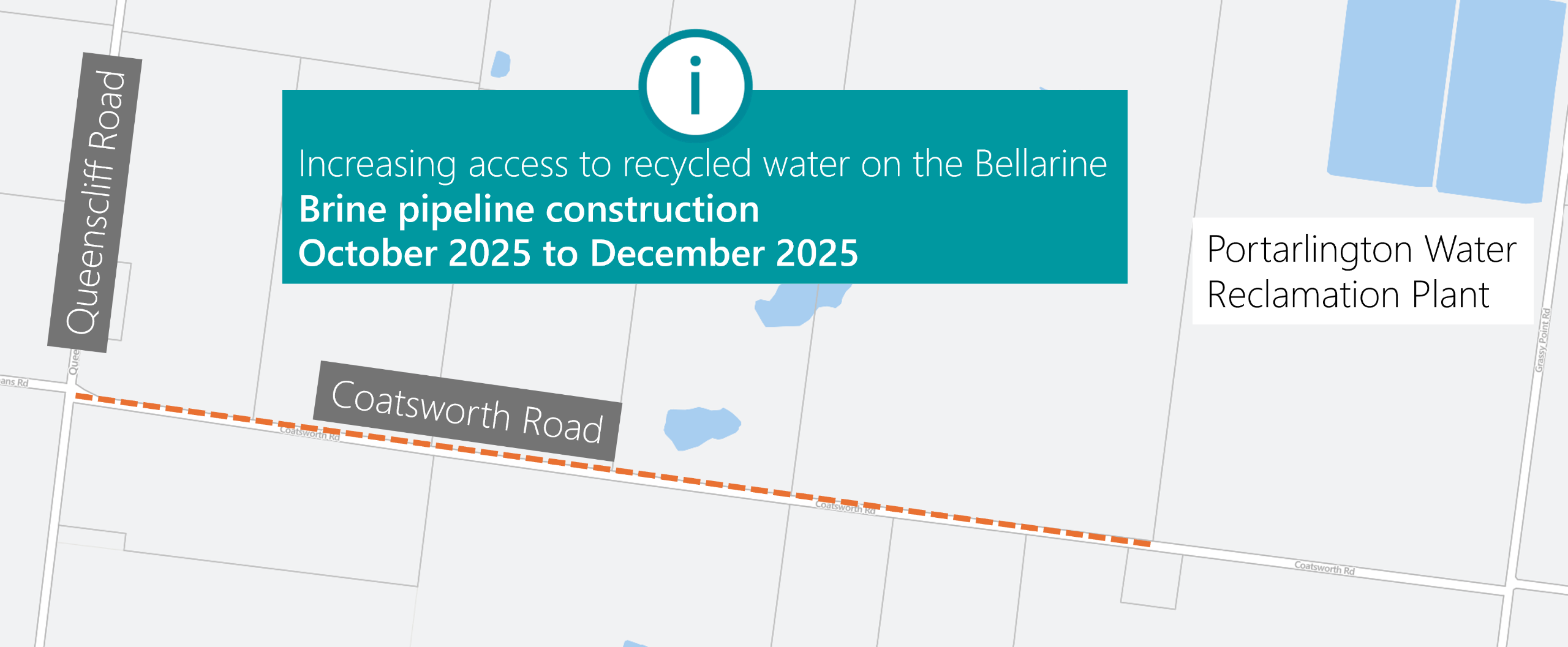Location of the where the new brine pipeline will be built along Coatsworth Road from Portarlington WRP to Queenscliff Road