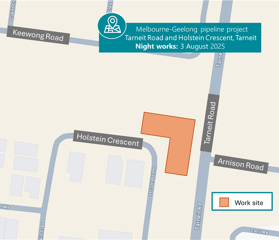 Map of the location of night works, between Tarneit Road and Holstein Crescent, Tarneit