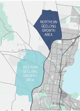 Map showing the Northern Geelong Growth Area and Western Geelong Growth Area