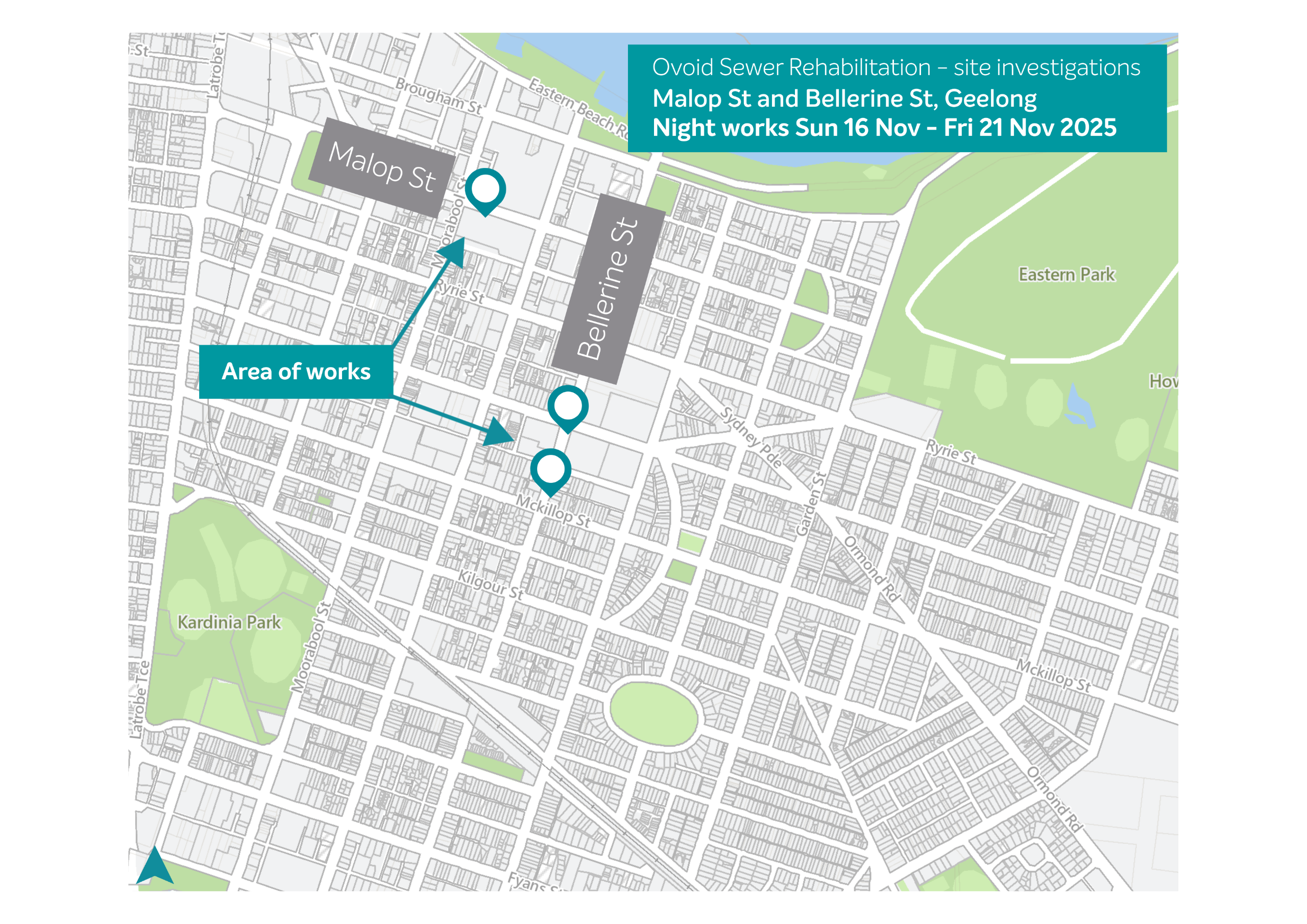 A map showing location of site investigation works on Malop Street and Bellerine Street, Geelong