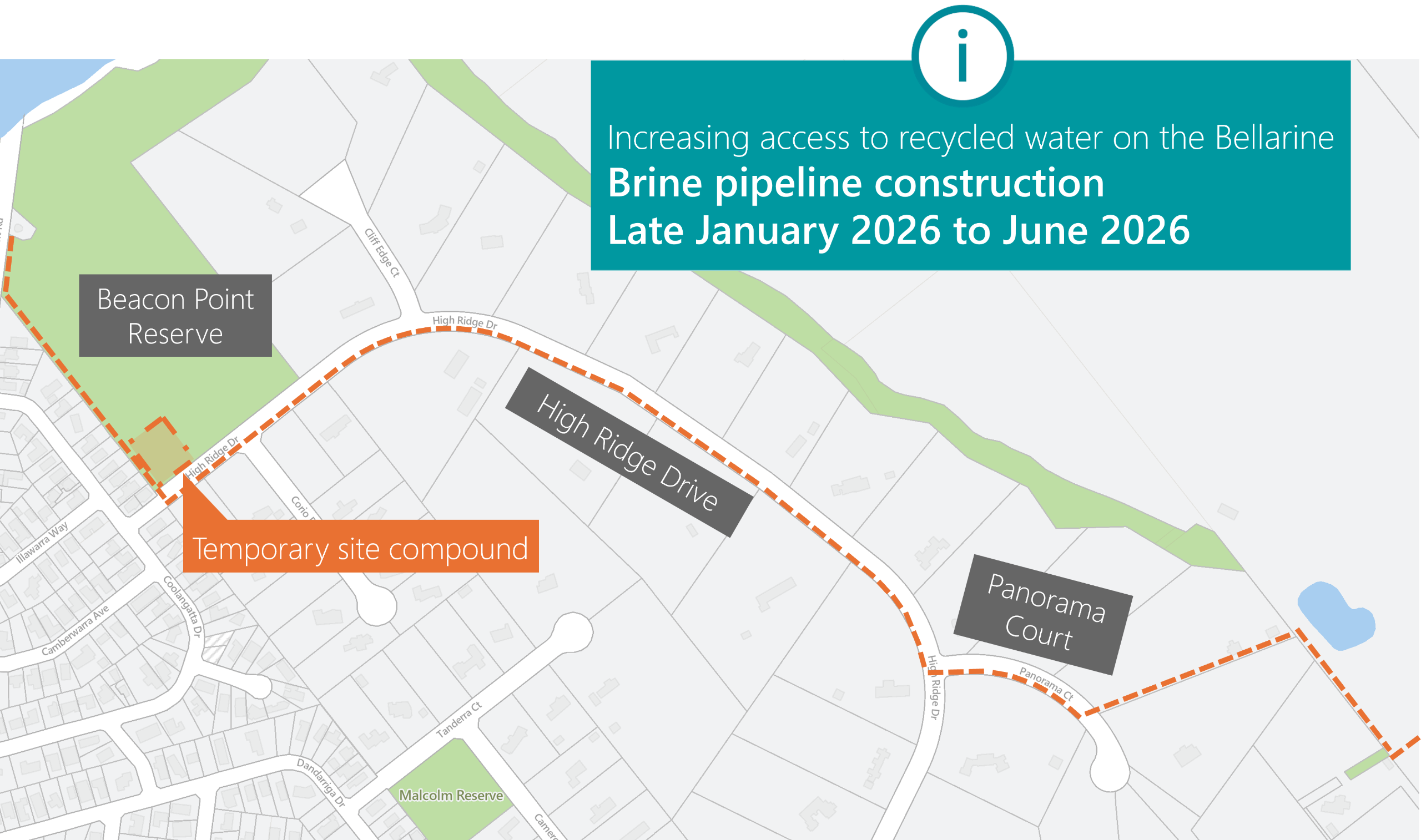 Location of the where the new brine pipeline will be built in Clifton Springs: along Panorama Court, High Ridge Drive and Beacon Point Reserve