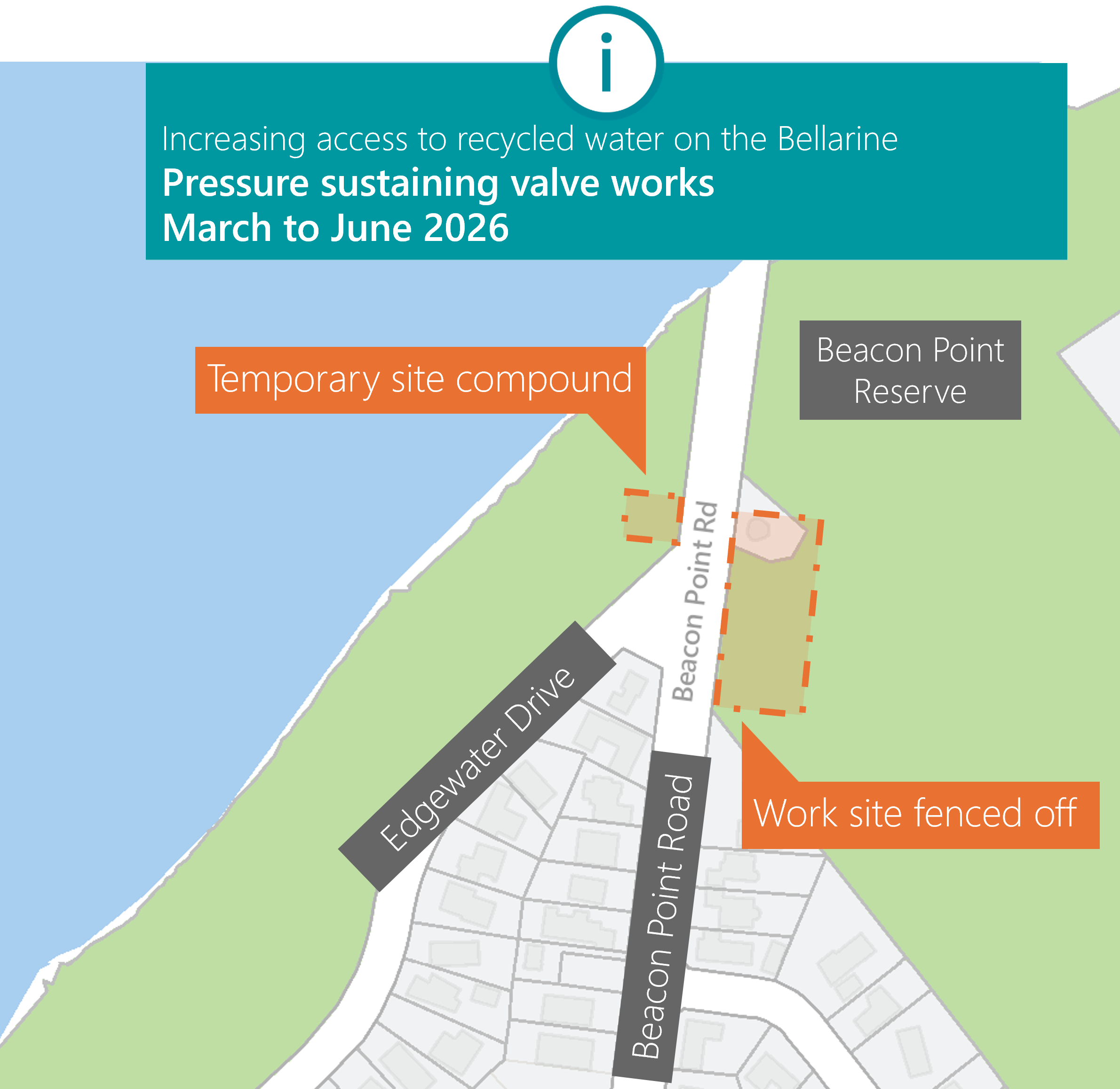 Map of the location of the works in Clifton Springs: PSV works at the Barwon Water pump station and a temporary area for site amenities, material storage and vehicles opposite the Barwon Water pump station.